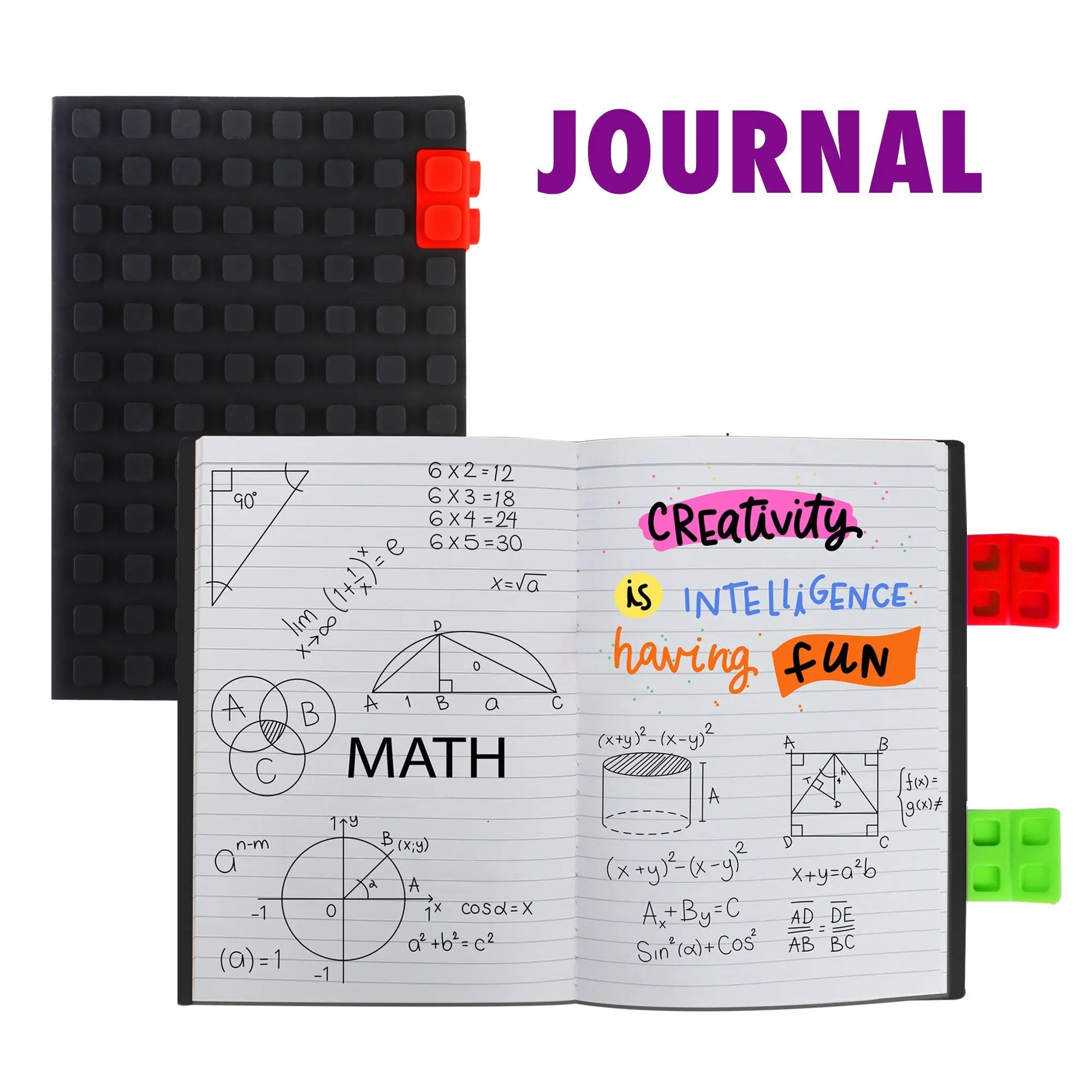Large interactive art journal with a playful colorful textured cover and two add-on clips — view 2