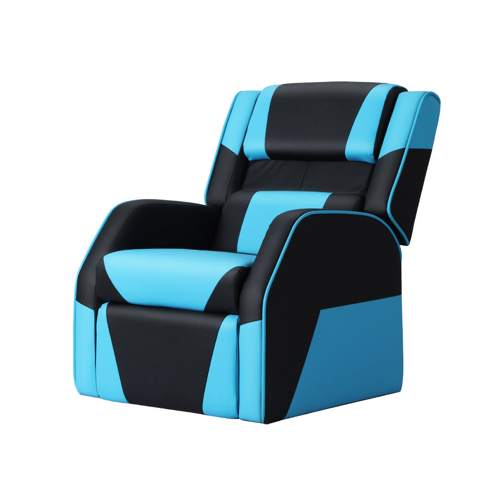 Black and blue Keezi kids PU leather recliner chair with padded armrests and adjustable footrest