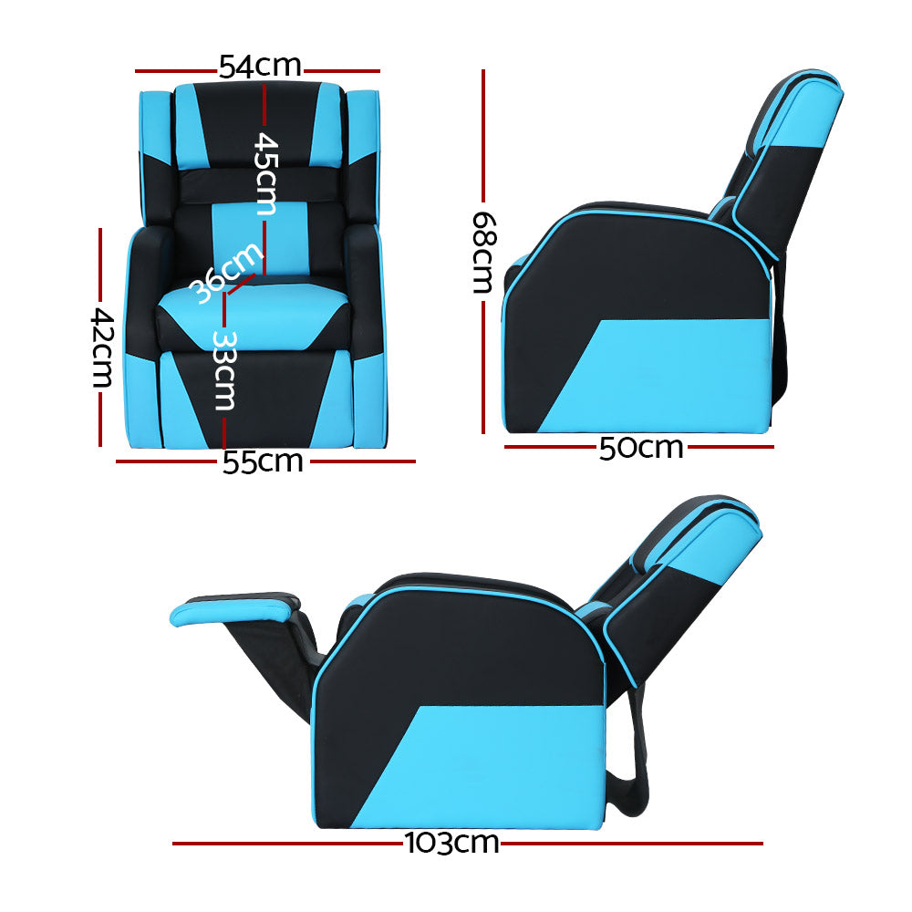 Black and blue Keezi kids PU leather recliner chair with padded armrests and adjustable footrest — view 2