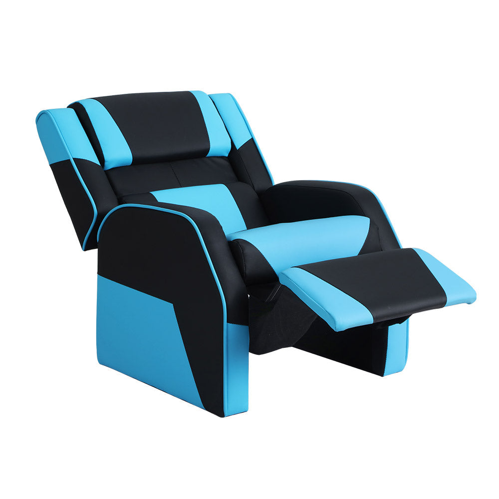 Black and blue Keezi kids PU leather recliner chair with padded armrests and adjustable footrest — view 3
