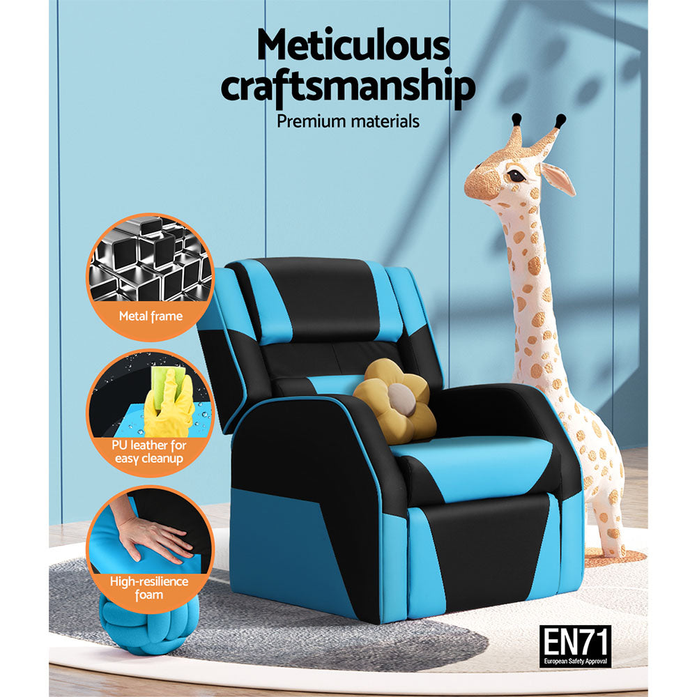 Black and blue Keezi kids PU leather recliner chair with padded armrests and adjustable footrest — view 5
