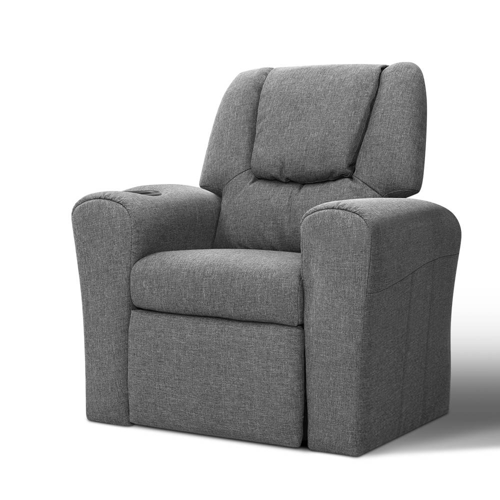 Grey linen kids recliner chair with cup holder and plush foam padding for playroom
