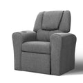 Grey linen kids recliner chair with cup holder and plush foam padding for playroom