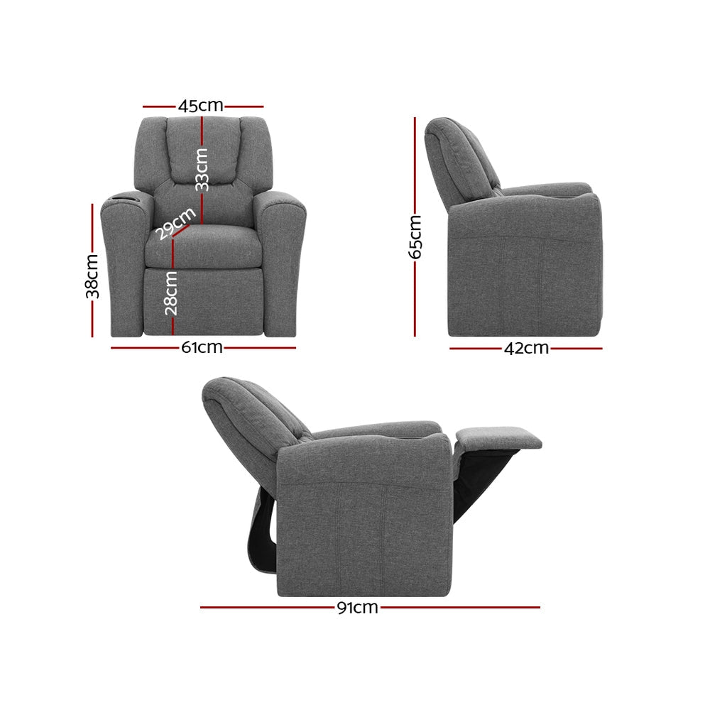 Grey linen kids recliner chair with cup holder and plush foam padding for playroom — view 2