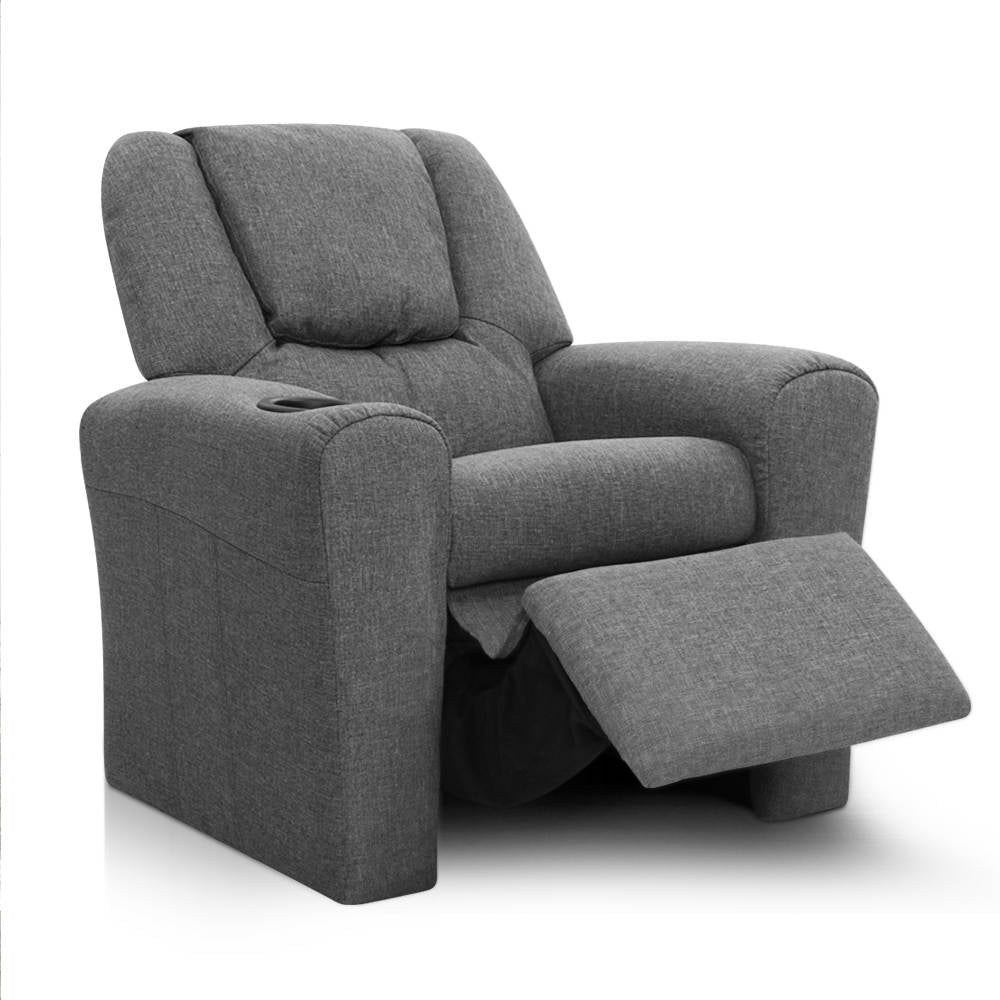 Grey linen kids recliner chair with cup holder and plush foam padding for playroom — view 3