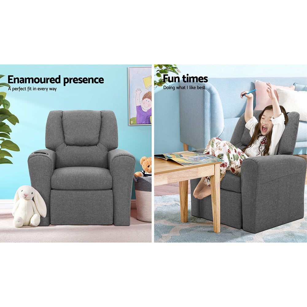 Grey linen kids recliner chair with cup holder and plush foam padding for playroom — view 4
