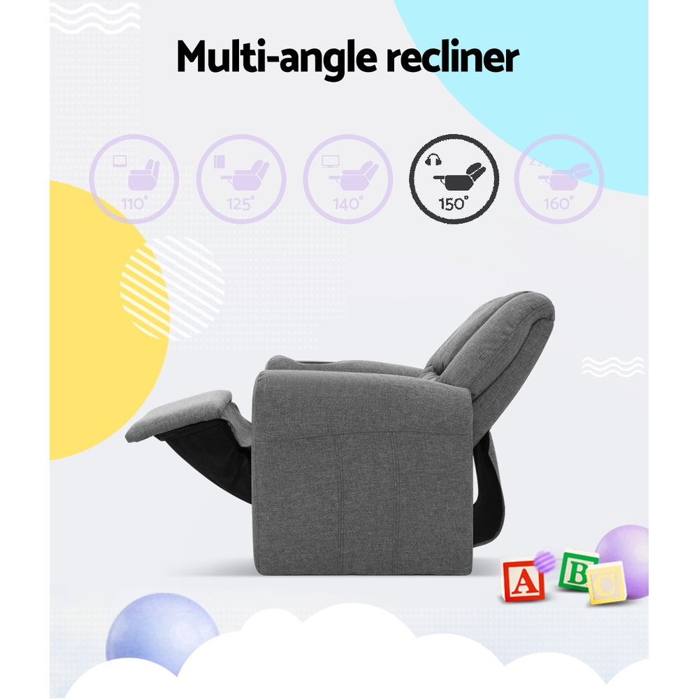 Grey linen kids recliner chair with cup holder and plush foam padding for playroom — view 5