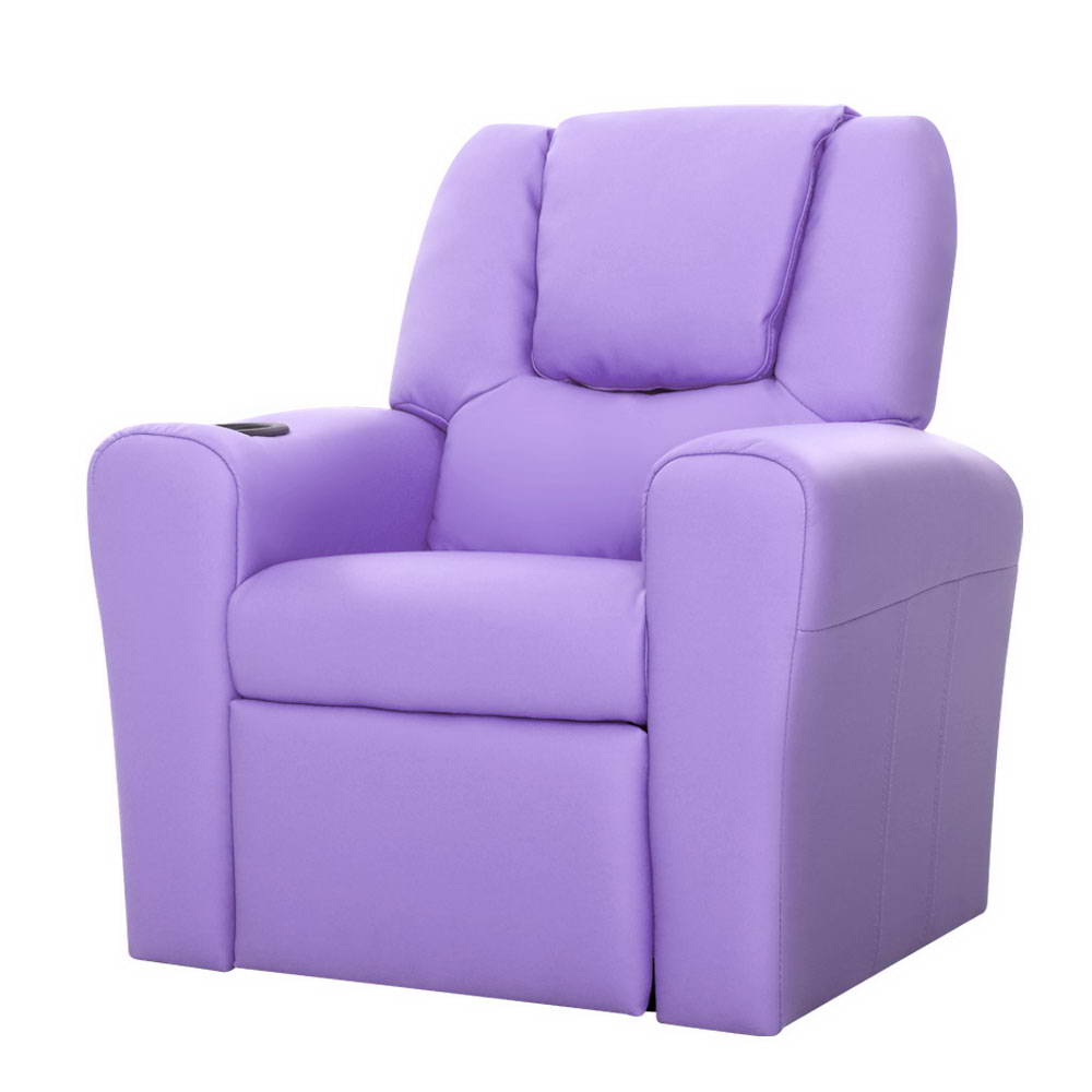 Purple PU leather kids recliner chair with built in cup holder and wide armrests