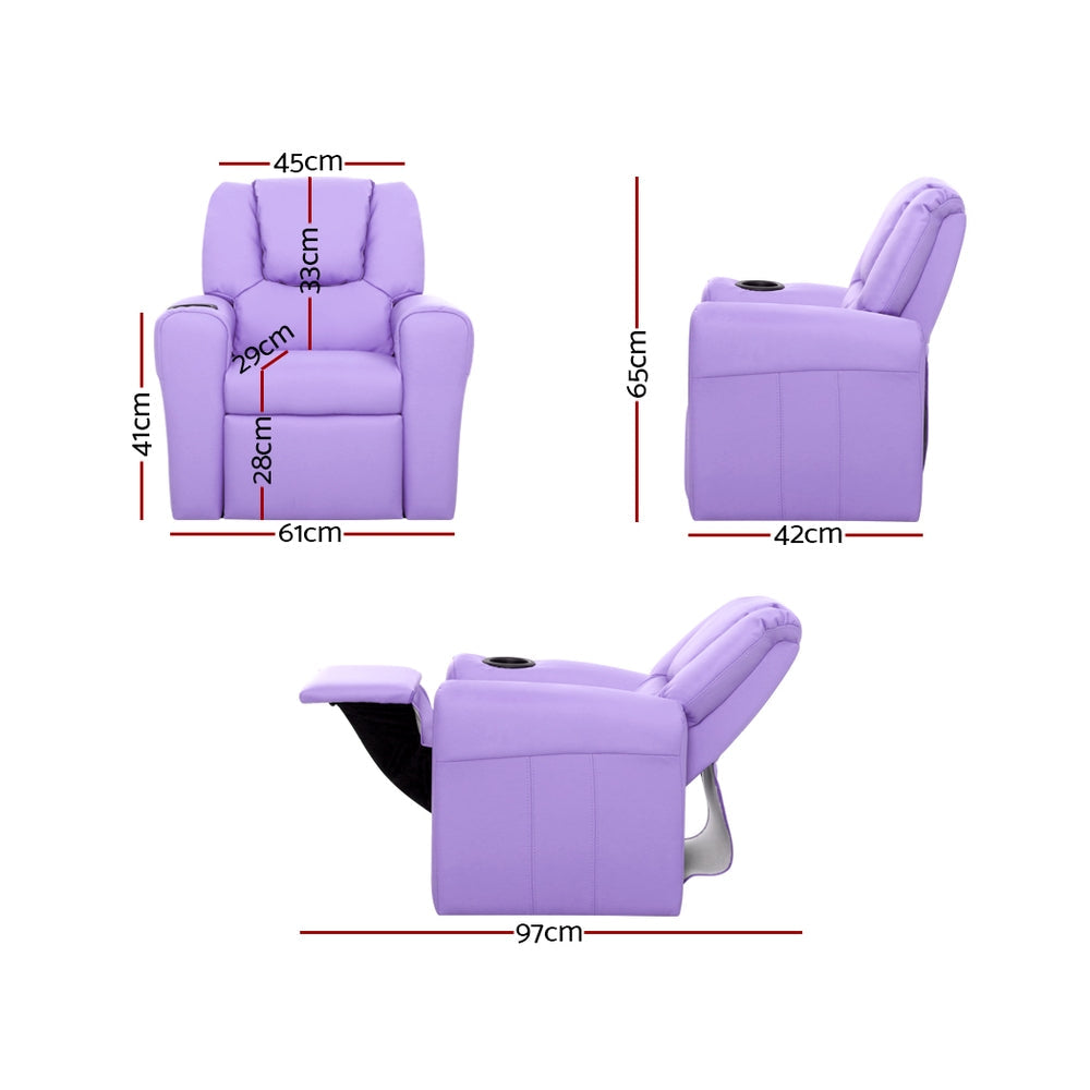 Purple PU leather kids recliner chair with built in cup holder and wide armrests — view 2