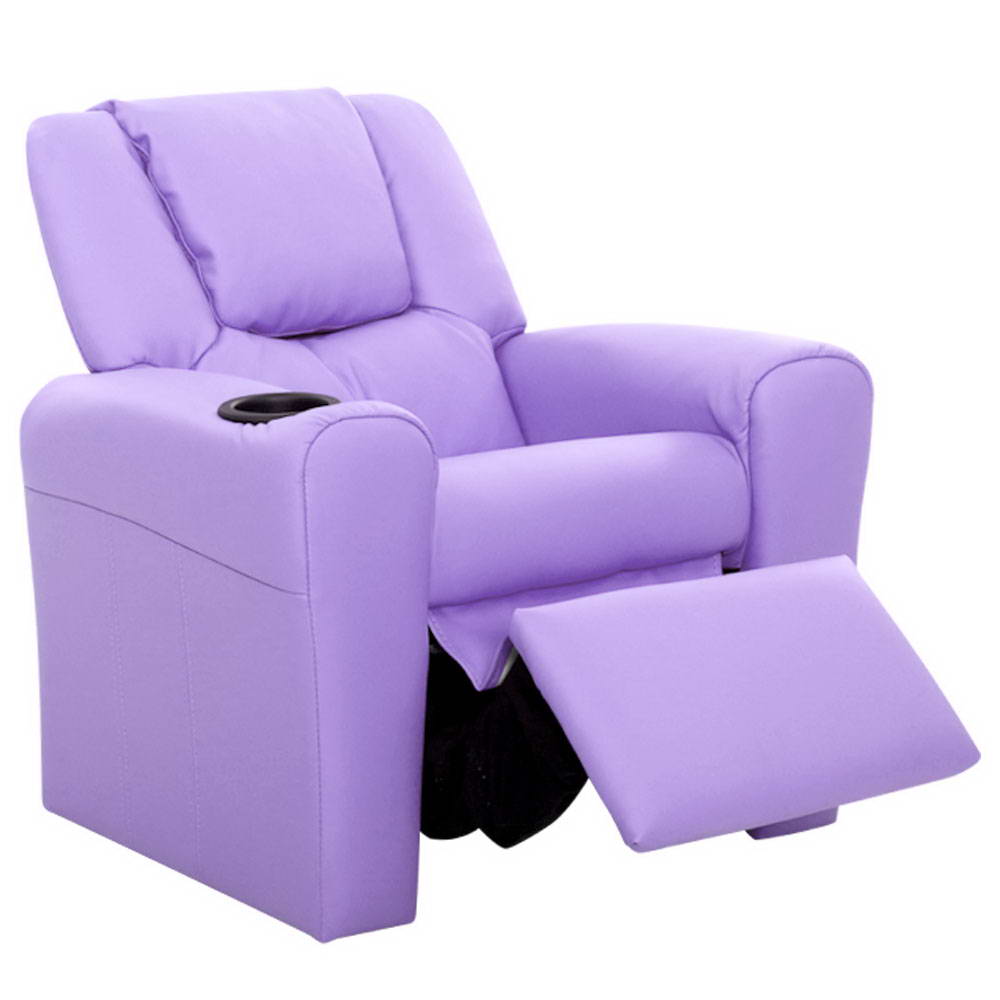 Purple PU leather kids recliner chair with built in cup holder and wide armrests — view 3