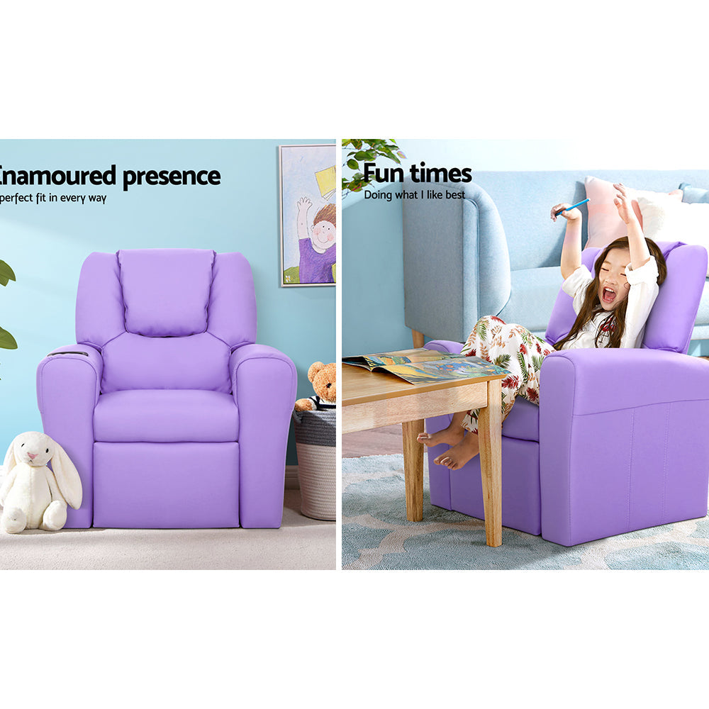 Purple PU leather kids recliner chair with built in cup holder and wide armrests — view 4