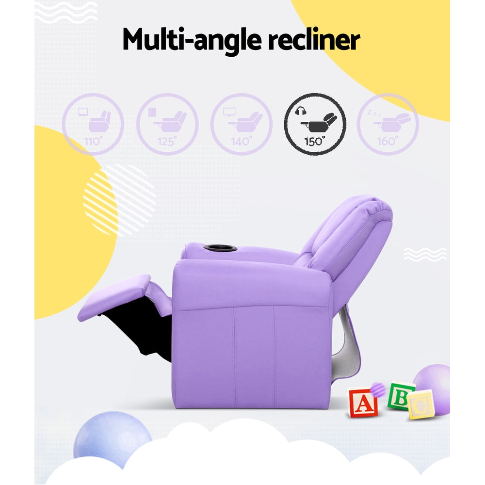 Purple PU leather kids recliner chair with built in cup holder and wide armrests — view 5