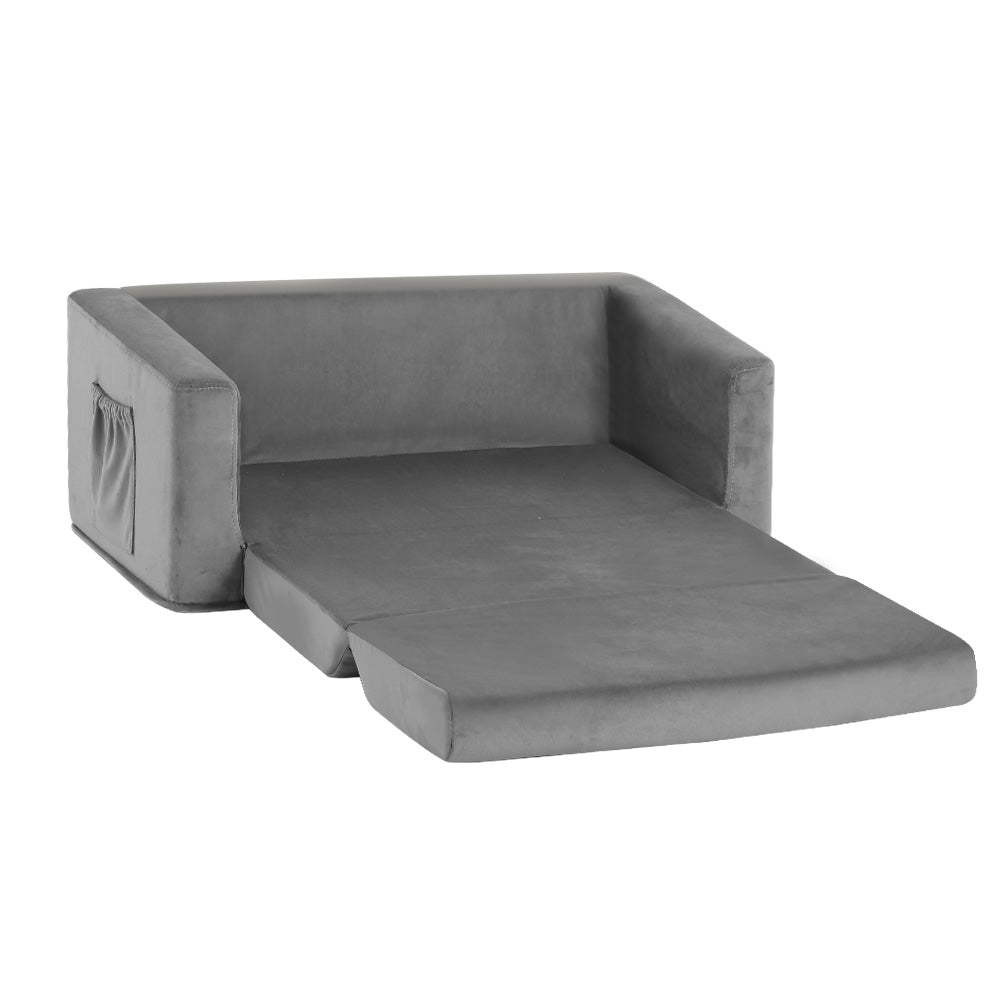 Grey velour convertible kids sofa bed featuring two seats, thick padding, and built-in side pockets