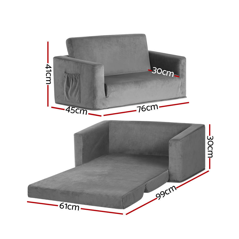 Grey velour convertible kids sofa bed featuring two seats, thick padding, and built-in side pockets — view 2
