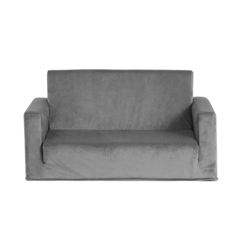 Grey velour convertible kids sofa bed featuring two seats, thick padding, and built-in side pockets — view 3