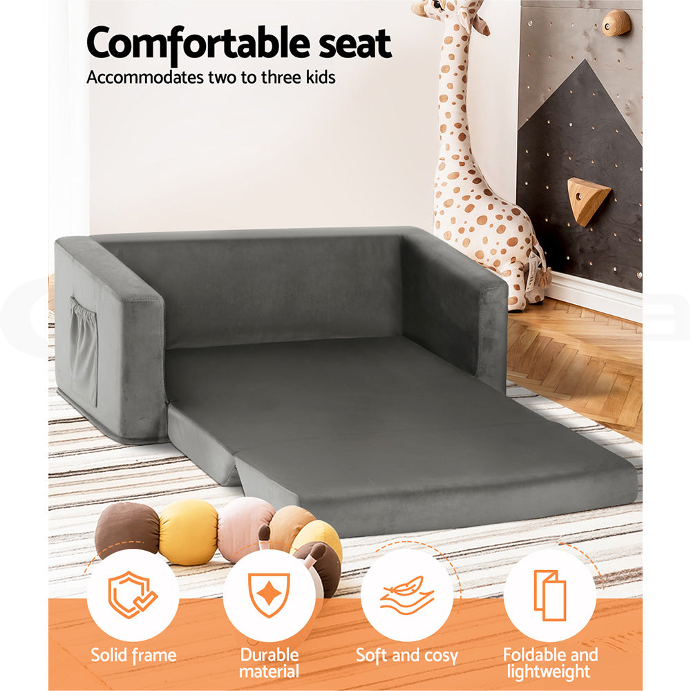 Grey velour convertible kids sofa bed featuring two seats, thick padding, and built-in side pockets — view 4