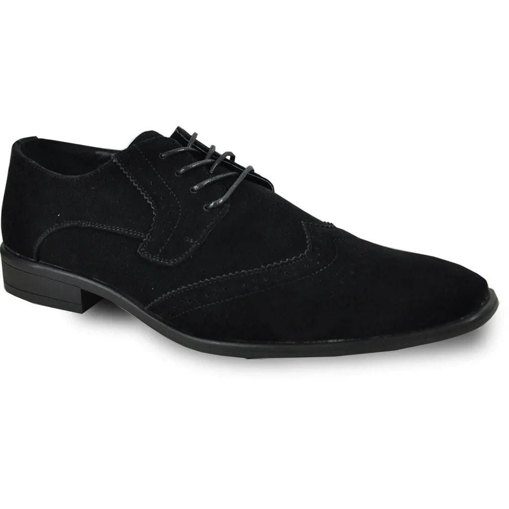 Black faux suede wingtip oxford men's dress shoe with perforated details and rubber outsole