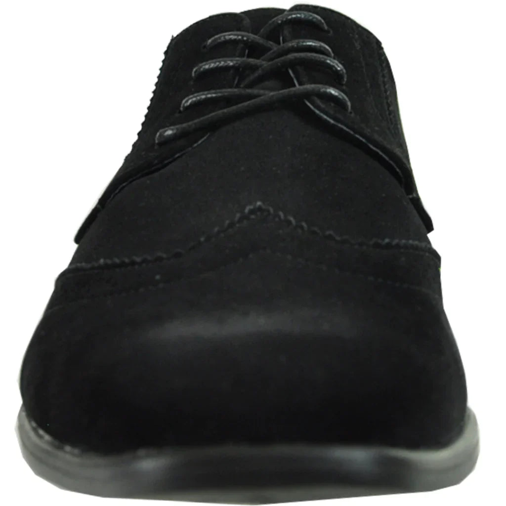 Black faux suede wingtip oxford men's dress shoe with perforated details and rubber outsole — view 2