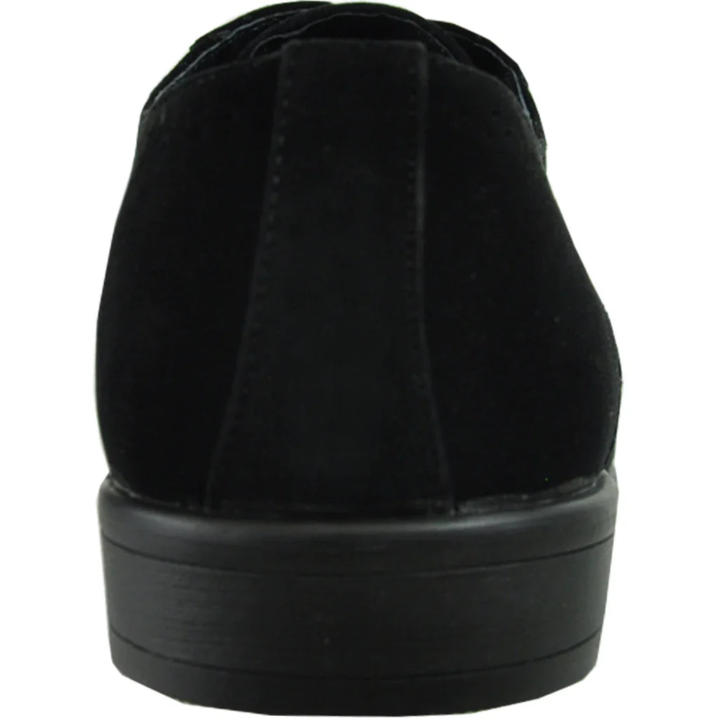 Black faux suede wingtip oxford men's dress shoe with perforated details and rubber outsole — view 3