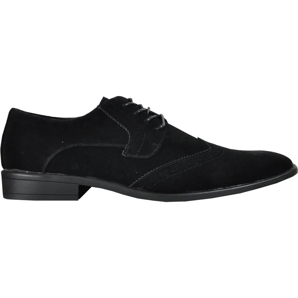 Black faux suede wingtip oxford men's dress shoe with perforated details and rubber outsole — view 4