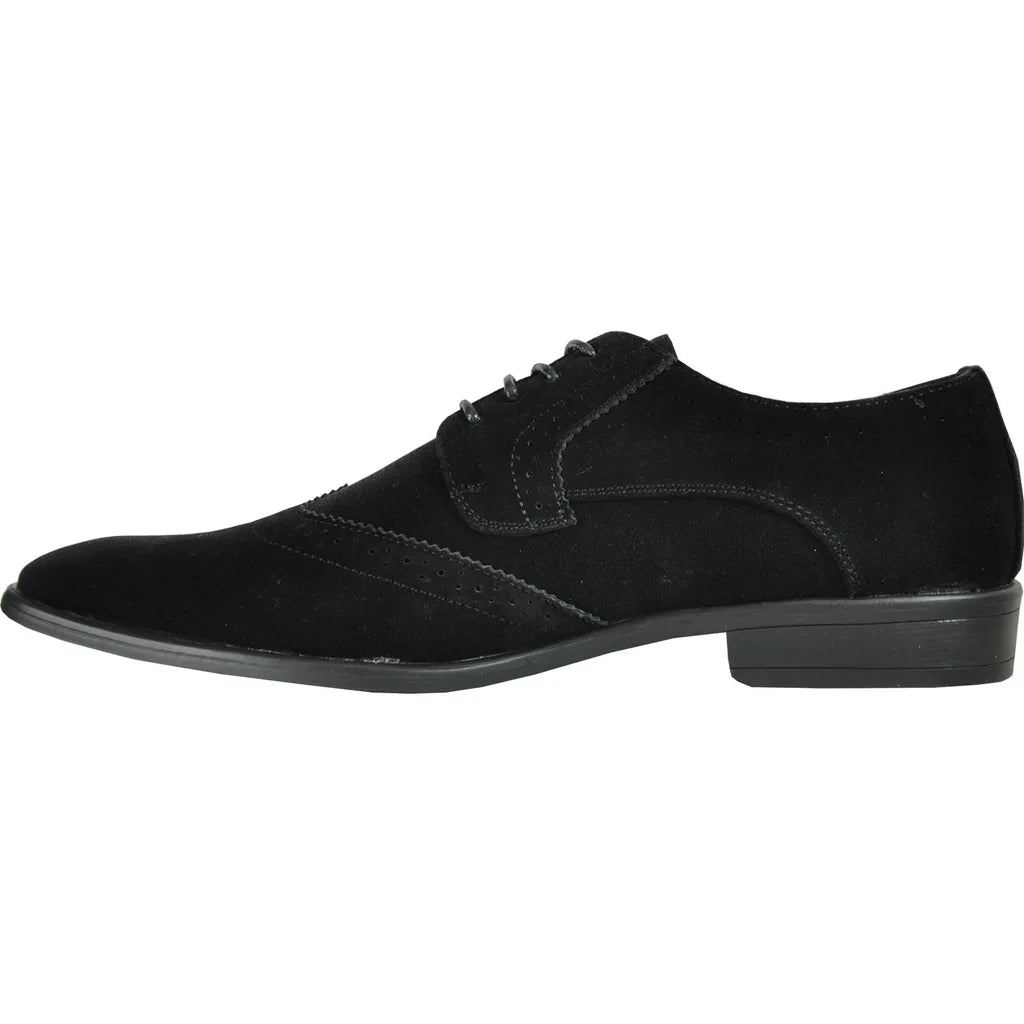 Black faux suede wingtip oxford men's dress shoe with perforated details and rubber outsole — view 5