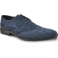 Mens blue faux suede wingtip oxford shoe with classic perforated details and a rubber sole