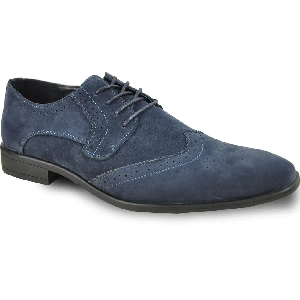 Mens blue faux suede wingtip oxford shoe with classic perforated details and a rubber sole