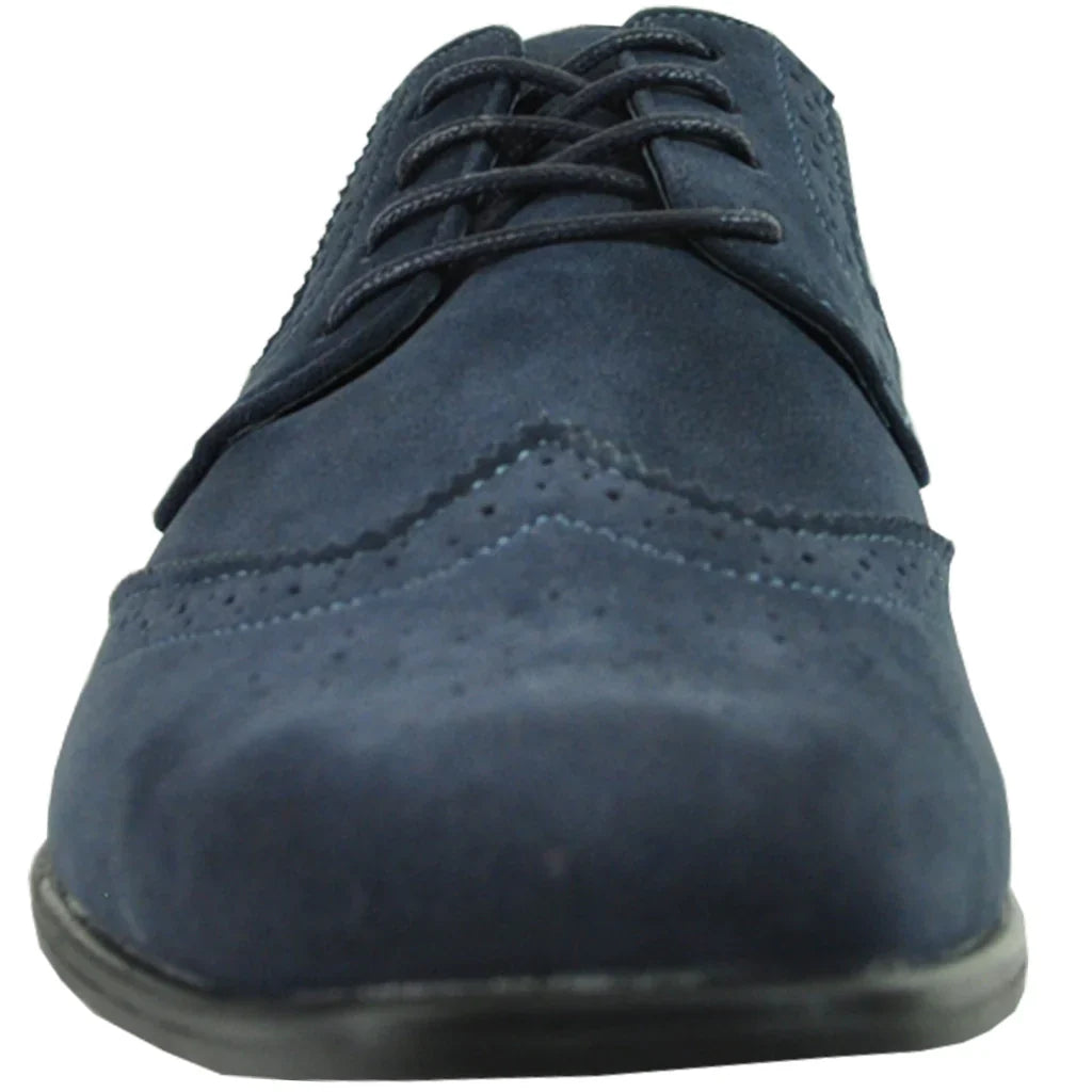 Mens blue faux suede wingtip oxford shoe with classic perforated details and a rubber sole — view 2