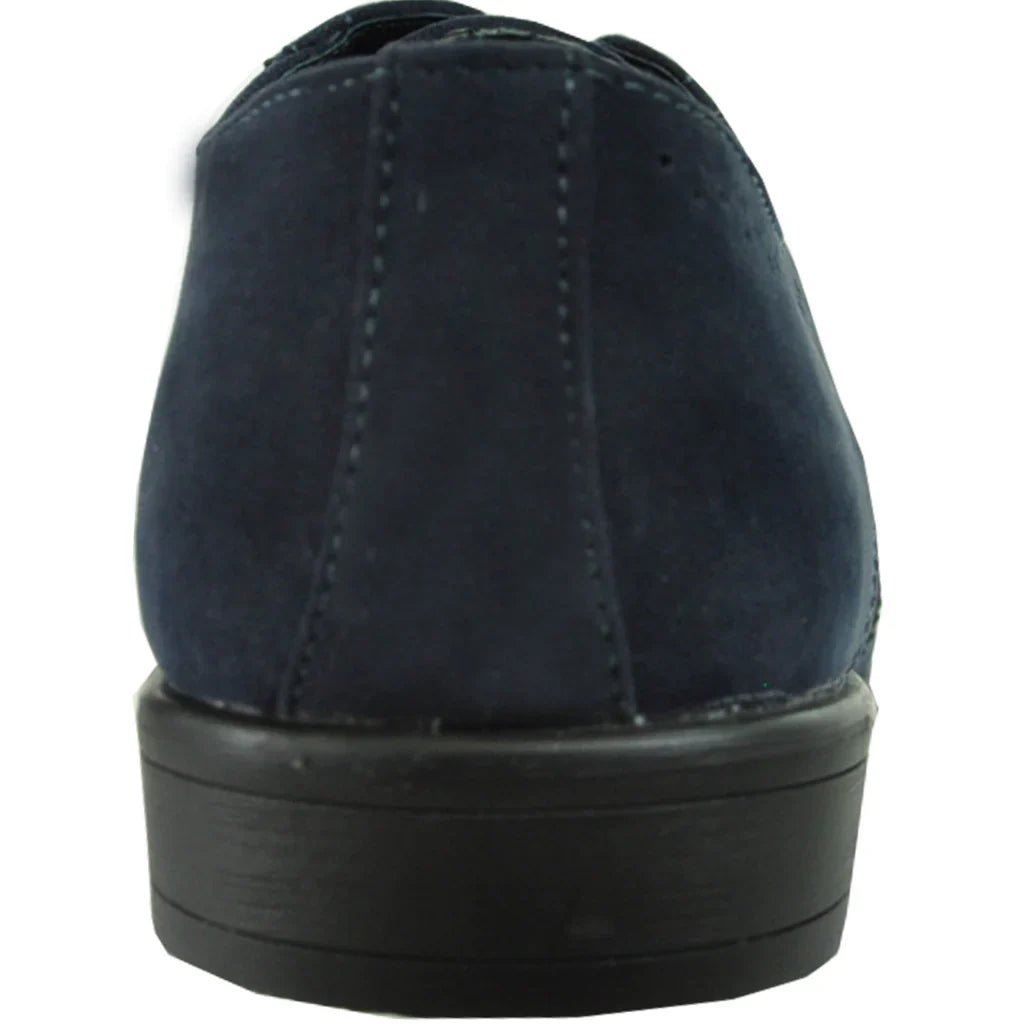 Mens blue faux suede wingtip oxford shoe with classic perforated details and a rubber sole — view 3