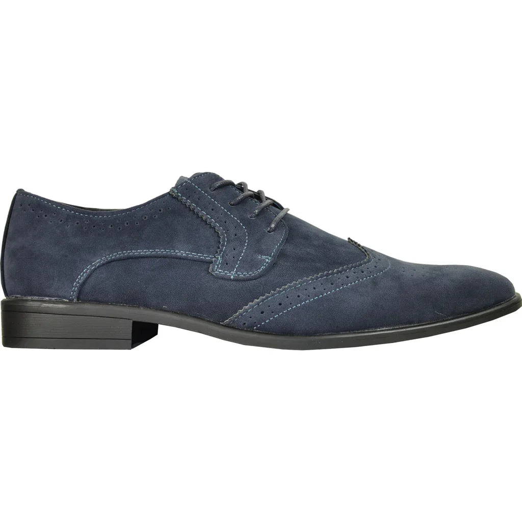 Mens blue faux suede wingtip oxford shoe with classic perforated details and a rubber sole — view 4