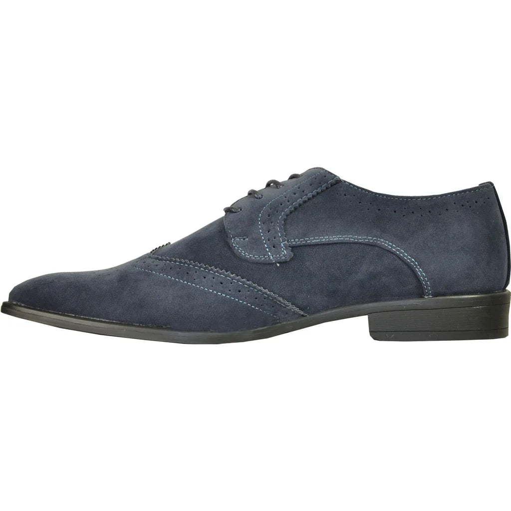 Mens blue faux suede wingtip oxford shoe with classic perforated details and a rubber sole — view 5