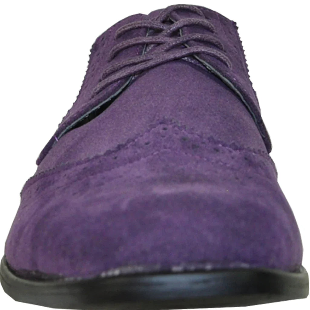 Men's purple faux suede wingtip oxford dress shoe with perforated details and rubber sole — view 2