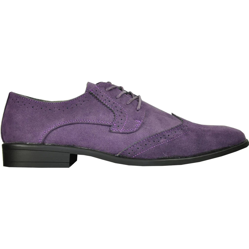 Men's purple faux suede wingtip oxford dress shoe with perforated details and rubber sole — view 4