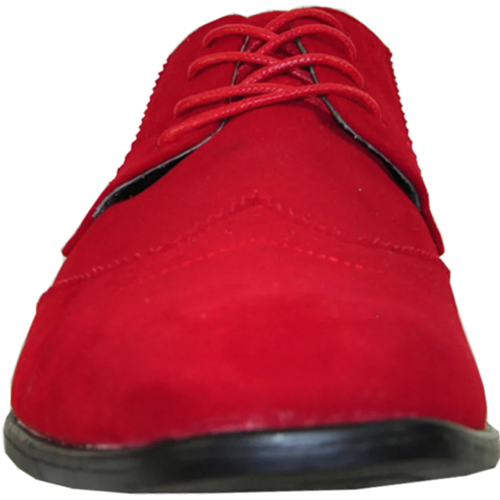 Red Bravo men's wingtip oxford dress shoe featuring faux suede leather and perforated toe details — view 2