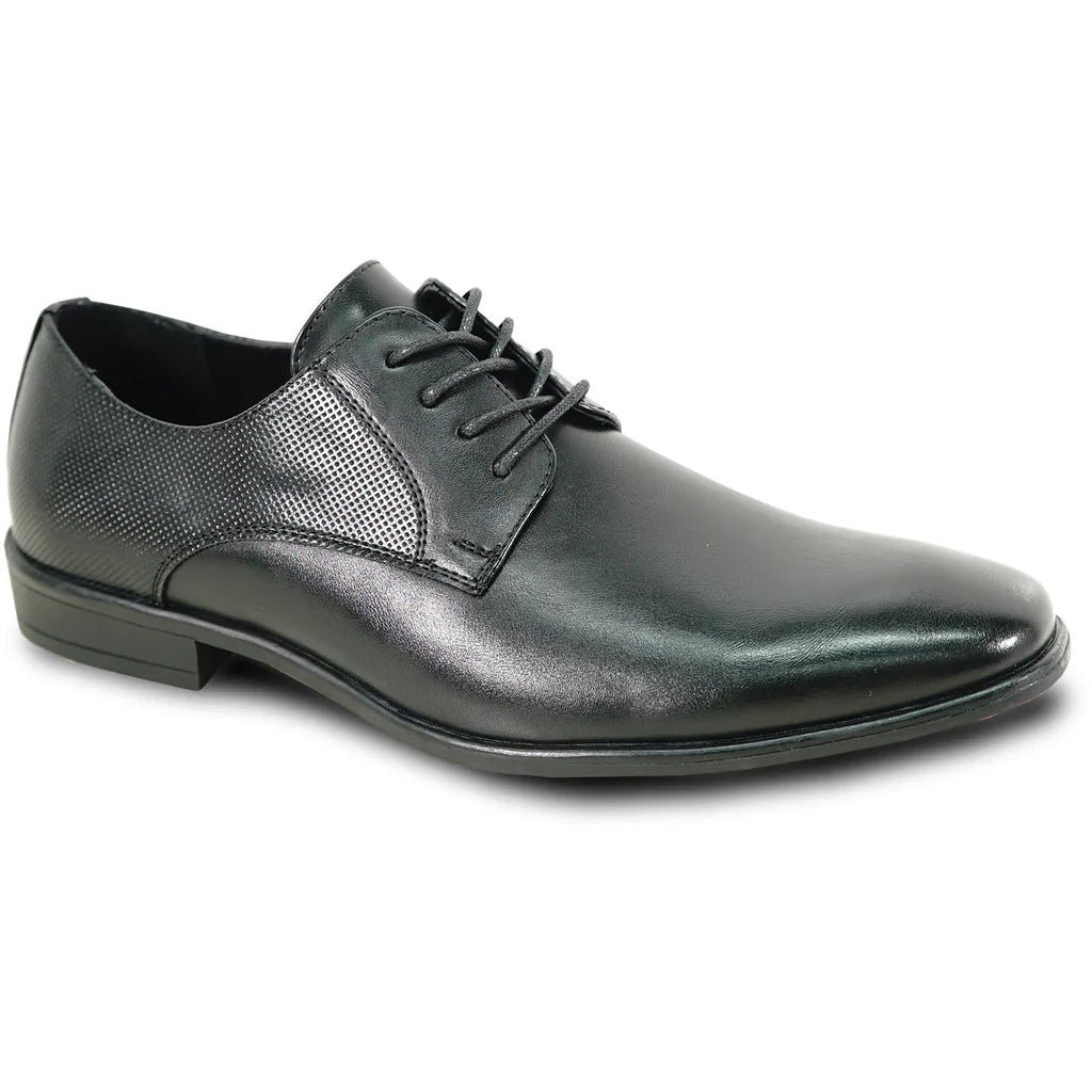 Black faux leather men's oxford dress shoe with pointy square toe and durable rubber outsole