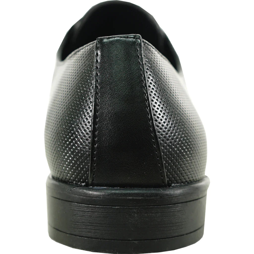 Black faux leather men's oxford dress shoe with pointy square toe and durable rubber outsole — view 3