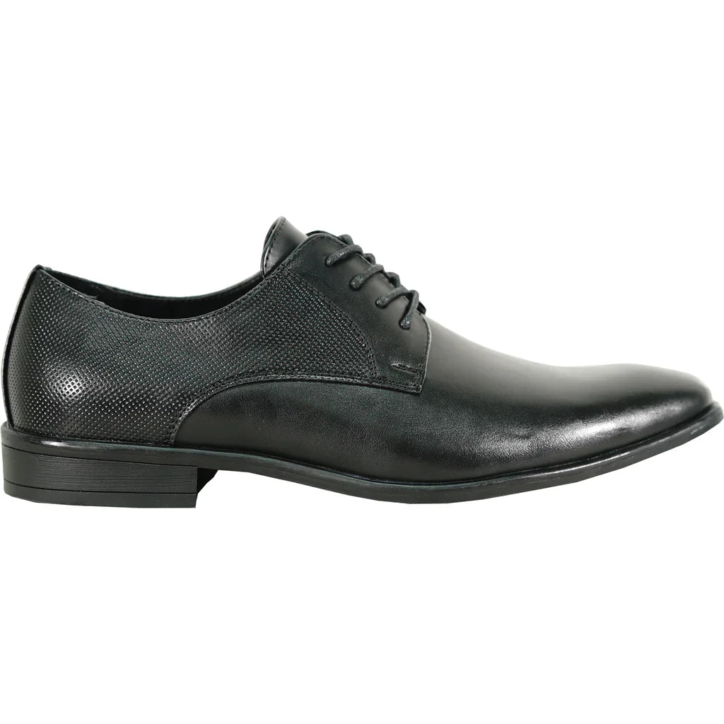 Black faux leather men's oxford dress shoe with pointy square toe and durable rubber outsole — view 4