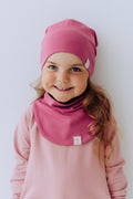 Double layered cotton kids beanie hat shown in a relaxed baggy style for autumn weather