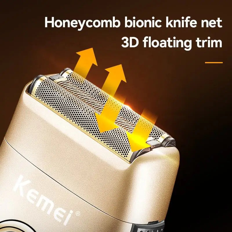 Gold three-blade foil electric shaver and trimmer for men's grooming — view 3