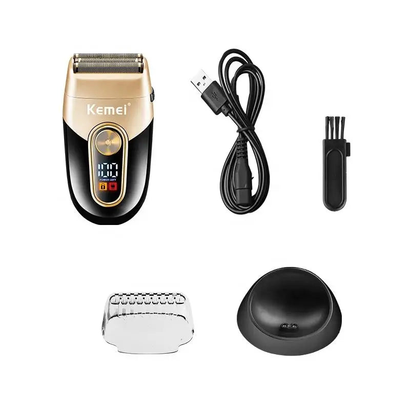 Gold three-blade foil electric shaver and trimmer for men's grooming