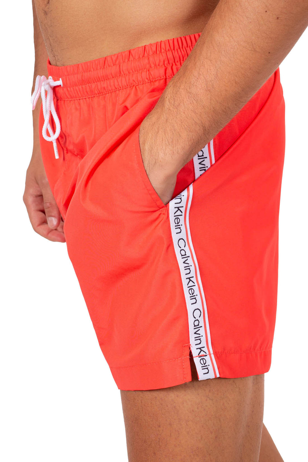 Men's basic swim shorts in coral pink with contrast side logo taping and white drawstring