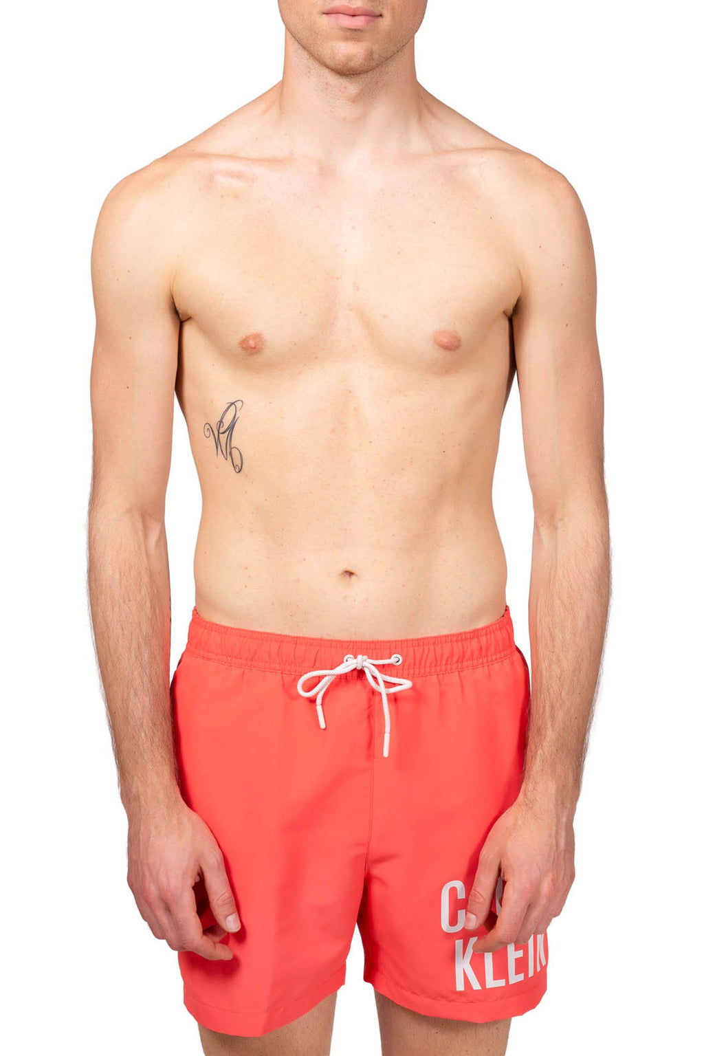 Calvin Klein men's swim shorts in coral pink recycled polyester with white drawstring — view 2