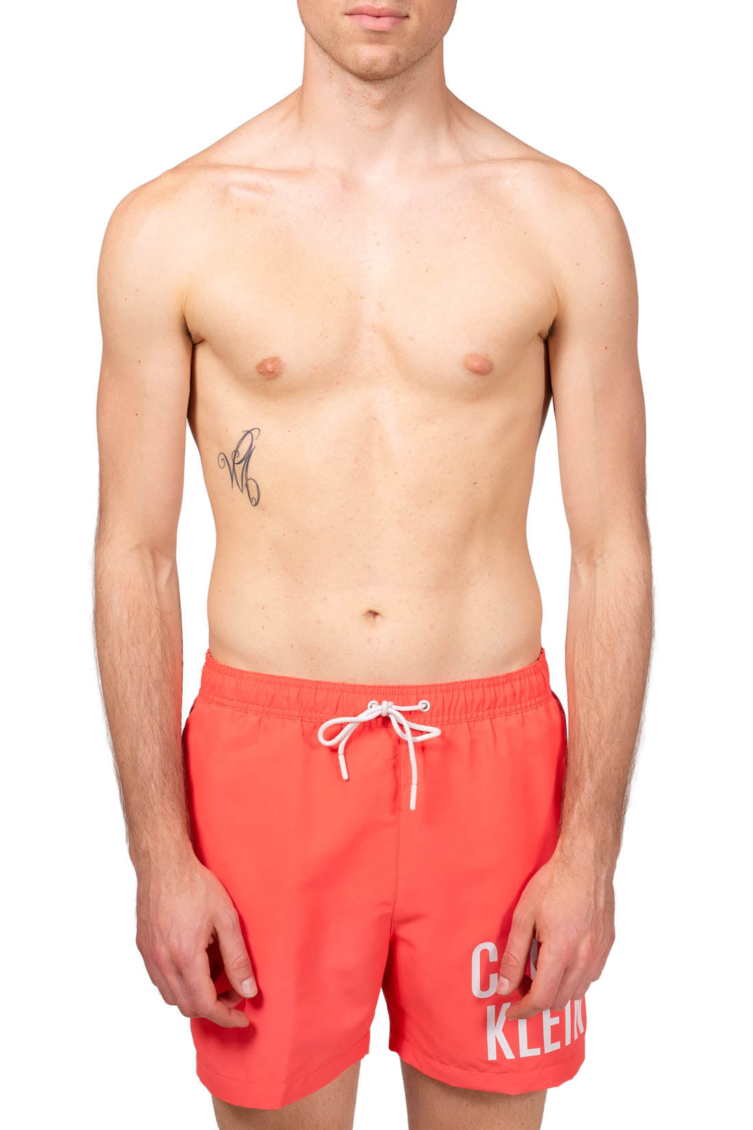 Calvin Klein men's swim shorts in coral pink recycled polyester with white drawstring — view 2