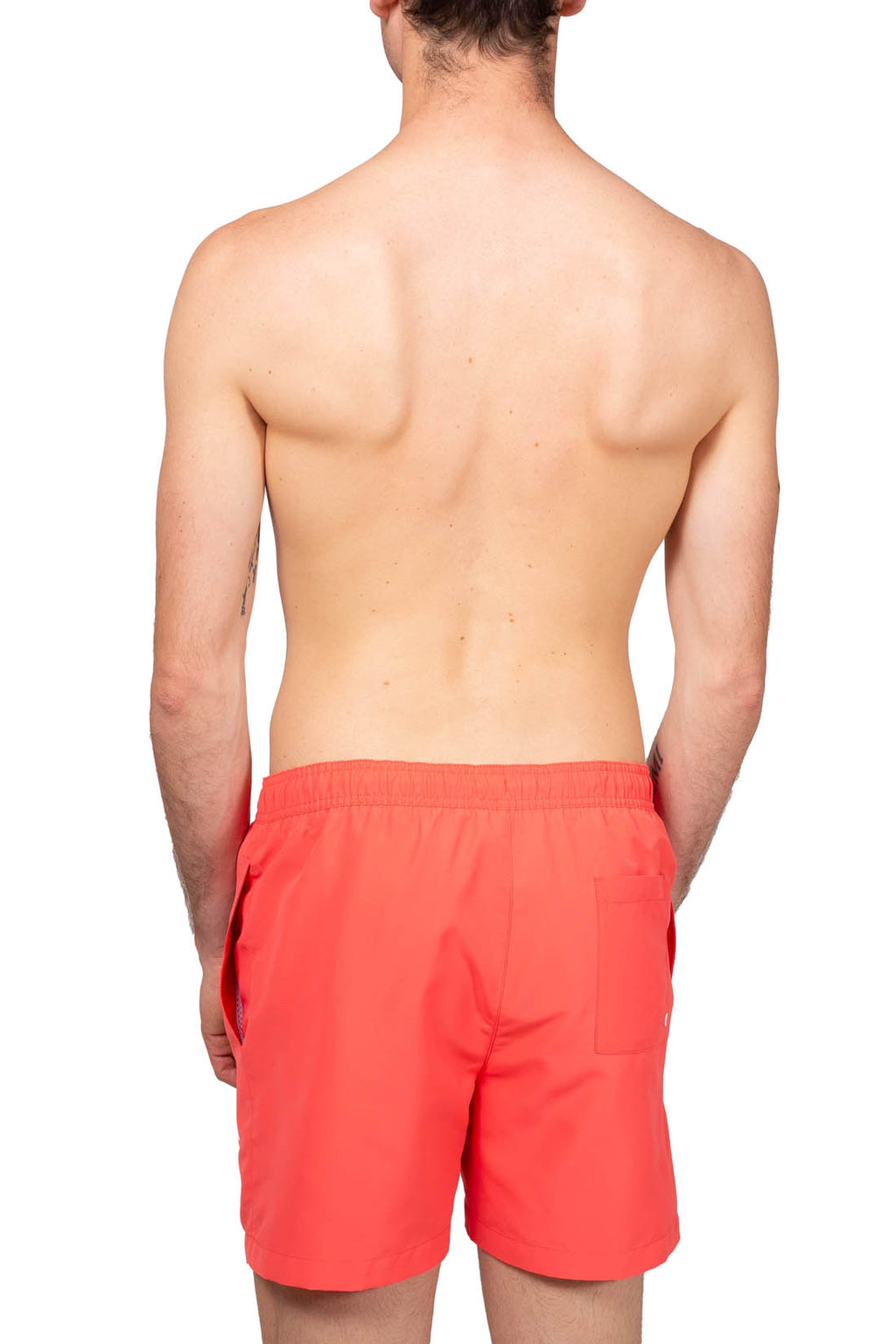 Calvin Klein men's swim shorts in coral pink recycled polyester with white drawstring — view 3