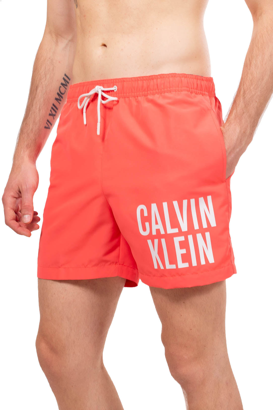 Calvin Klein men's swim shorts in coral pink recycled polyester with white drawstring