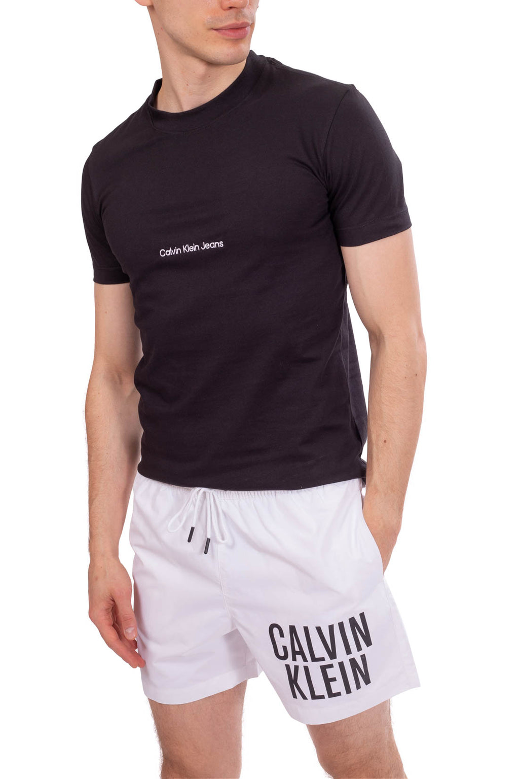 Men's white regular fit swim shorts with bold logo print and elasticated drawstring waistband — view 16