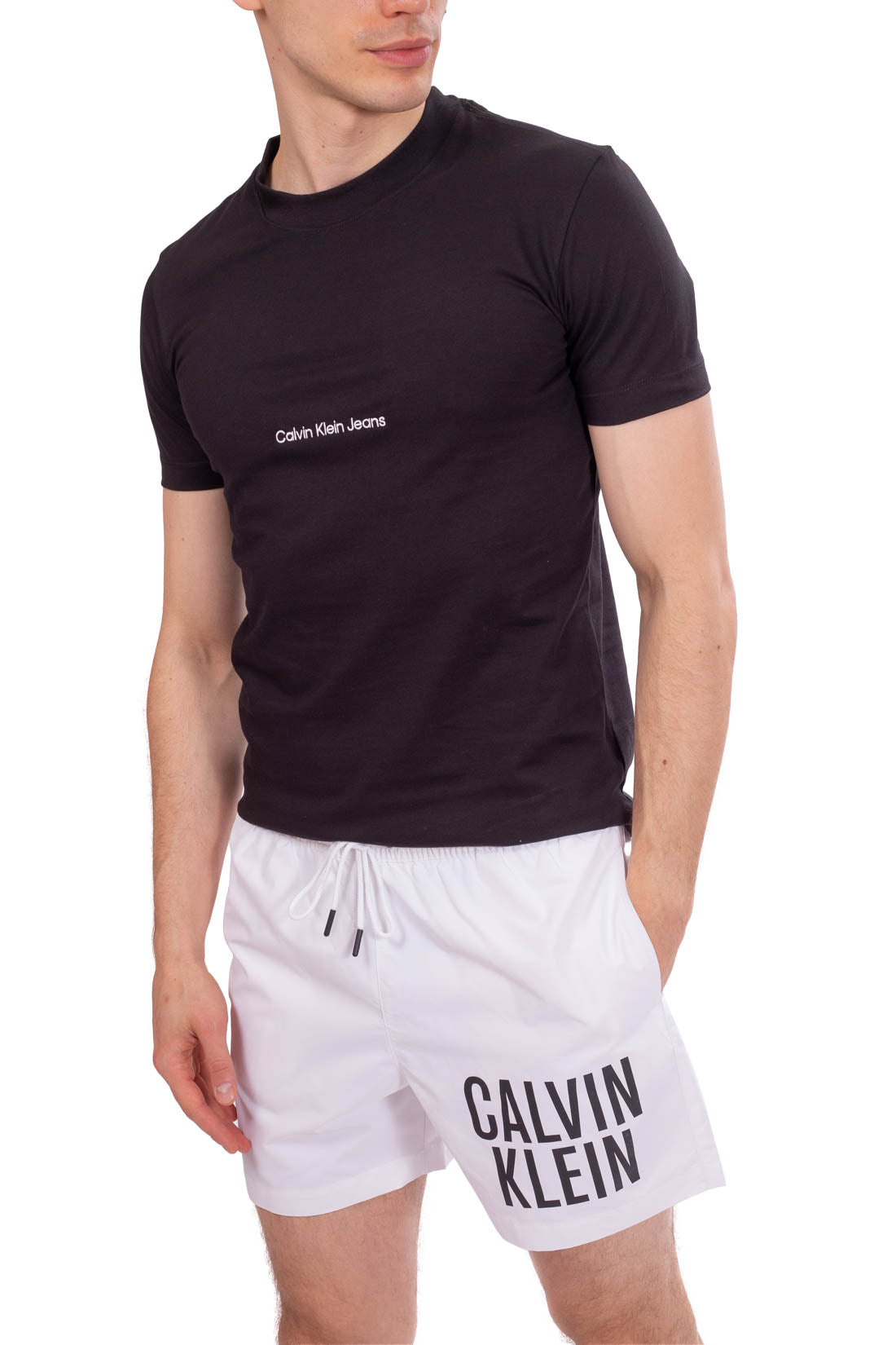 Men's white regular fit swim shorts with bold logo print and elasticated drawstring waistband — view 16