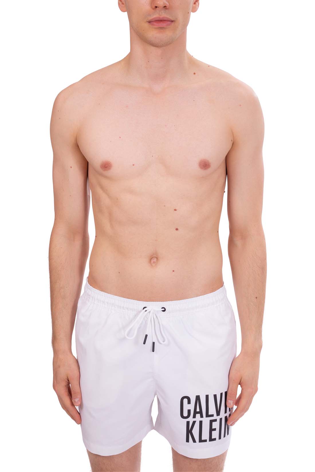 Men's white regular fit swim shorts with bold logo print and elasticated drawstring waistband — view 6