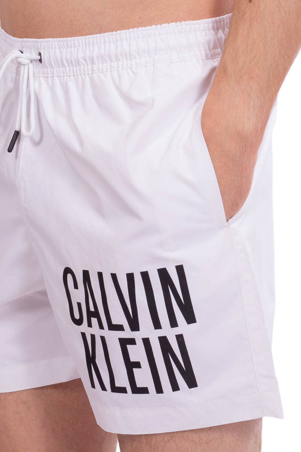 Men's white regular fit swim shorts with bold logo print and elasticated drawstring waistband — view 5