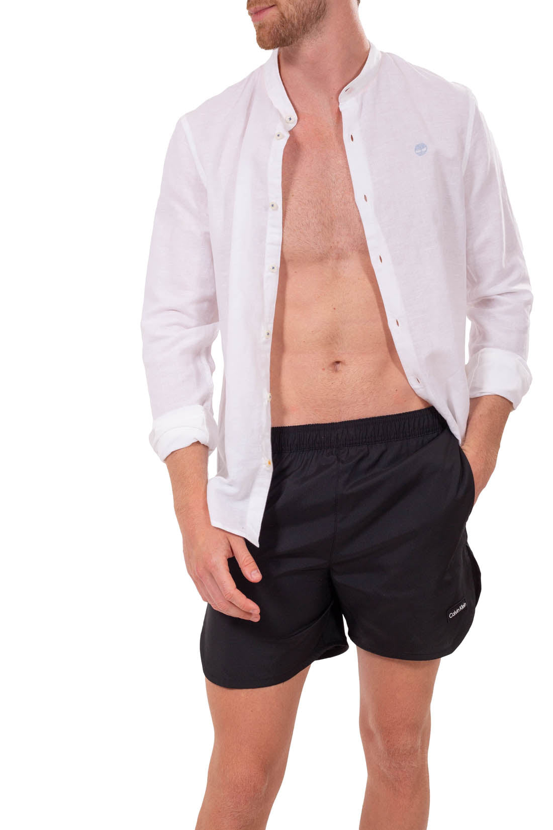Calvin Klein men's olive green ripstop nylon swim shorts with side vents and drawstring waist — view 4